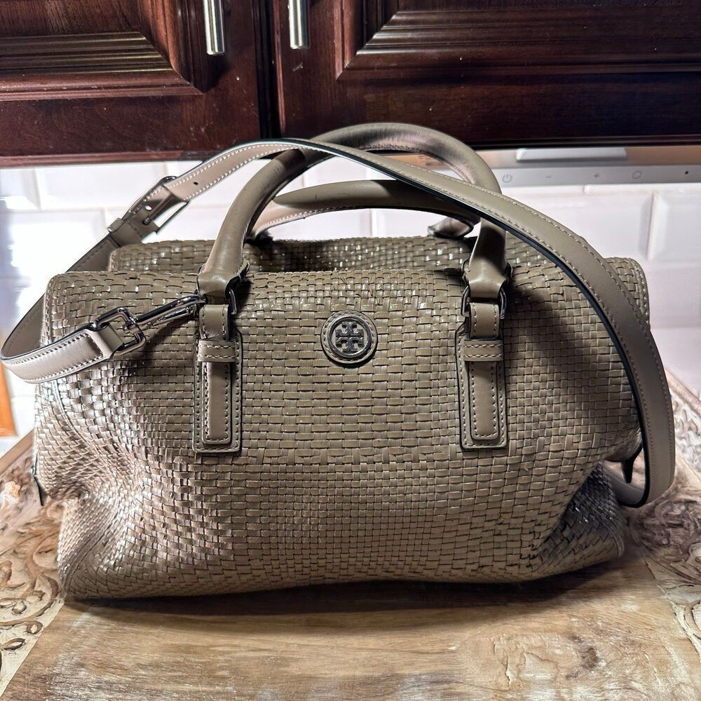 TORY BURCH ROBINSON WOVEN SOFT SATCHEL FRENCH GRAY